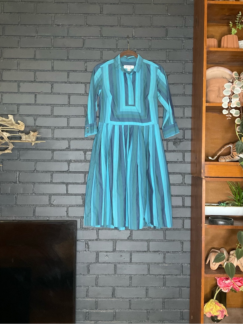Retro 50’s Poplin Turquoise Striped Party Cocktail Dress Pleated Skirt Sz 4
